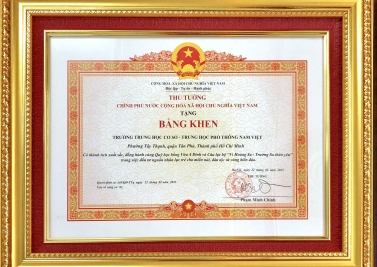 Bằng khen của Thủ Tướng Chính Phủ trao tặng trường THCS - THPT Nam Việt